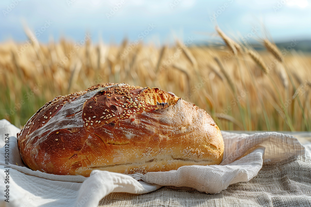 Wall mural fresh rustic bread on a linen napkin against the background of a wheat field