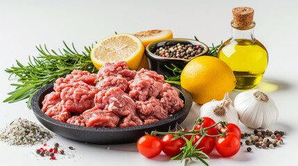 A set with fresh raw minced meat and other ingredients is displayed on a white background