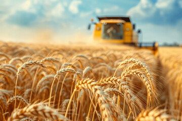 a close-up of golden wheat ears in the foreground with a combine harvester working in the background