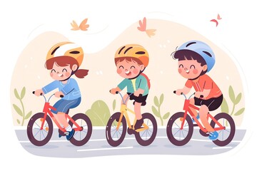 Children rides bicycle, boys is engaged in active sport. Bicycling. Popular entertainment. Flat illustration