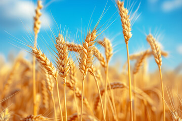 Fototapeta premium Ears of golden wheat against the blue sky. Rural scene under sunlight. Summer background of ripening ears