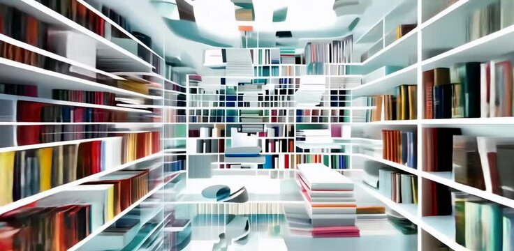 Futuristic library with floating books