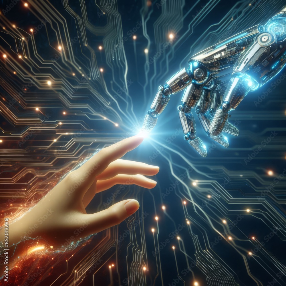 Poster a human hand reaches towards a robotic hand, symbolizing human-machine collaboration. the backdrop o