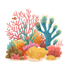 Colorful tropical colored coral reef, flat artwork design, isolated transparent background