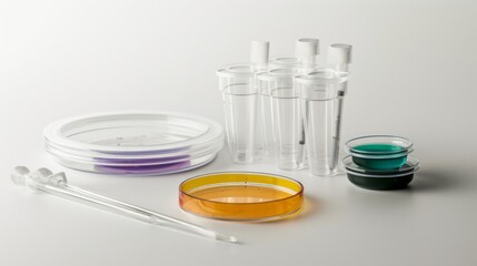 A petri dish set with cups and a pipette is displayed on a white background
