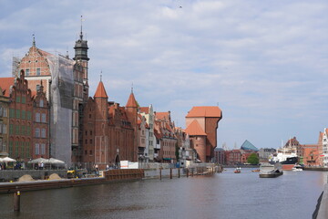 Aerial view of Main town in Gdansk by the Motlawa river ,with merchants' houses, and historic medieval Crane 