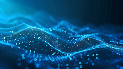 Obraz premium Abstract blue background featuring a dynamic wave of dots and weave lines, creating a sense of fluidity and motion against a dark gradient.