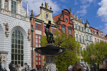  Old town, statue of Neptune fountain, symbol of city Gdansk