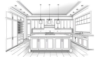 basic home kitchen center island, sketch line art, front view