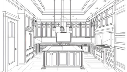 basic home kitchen center island, sketch line art, front view