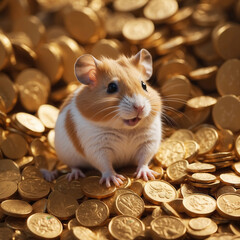 A cute little hamster sitting on a pile of golden coins, cryptocurrency poster for a token.