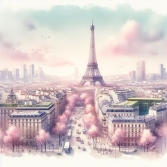 Obraz premium A view of the Eiffel Tower surrounded by pink blossoms and the urban landscape of Paris. The soft light and pastel colors create a dreamy, romantic atmosphere.. AI Generation