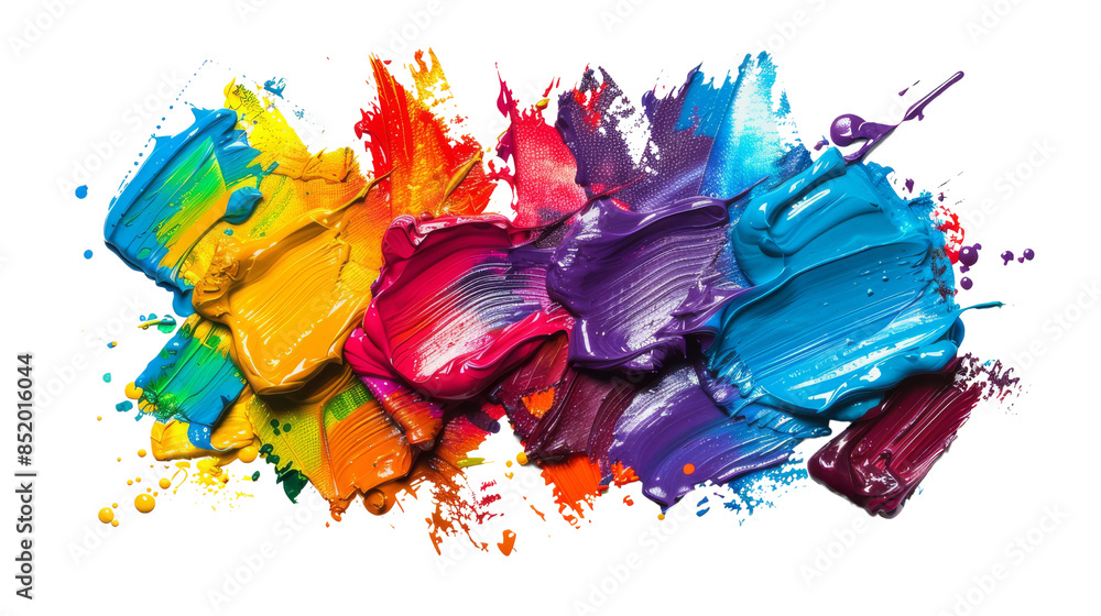 Poster a dynamic explosion of textured paint splashes in a spectrum of colors, isolated on a transparent ba