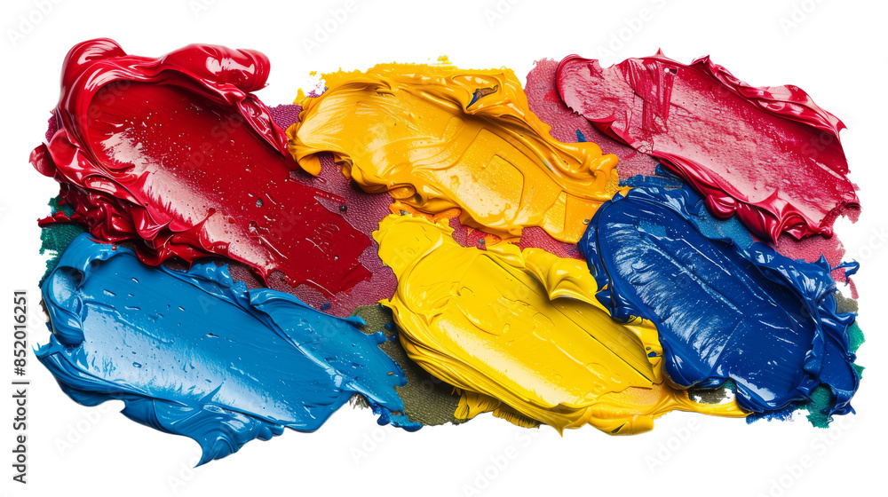 Poster a vibrant palette of thick, textured paint blobs in various colors, isolated on a transparent backgr