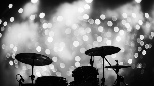Striking drum set silhouette against bright bokeh lights, highlighting anticipation before live concert, summer music festival nightlife, and vibrant energy.