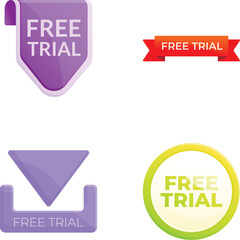 Trial tag icons set cartoon vector. Free trial badge and sticker. Promotion strategy