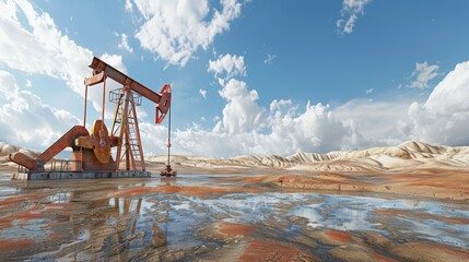 Realistic photo of oil pump jack extracting petroleum at work on oilfield for petroleum extraction