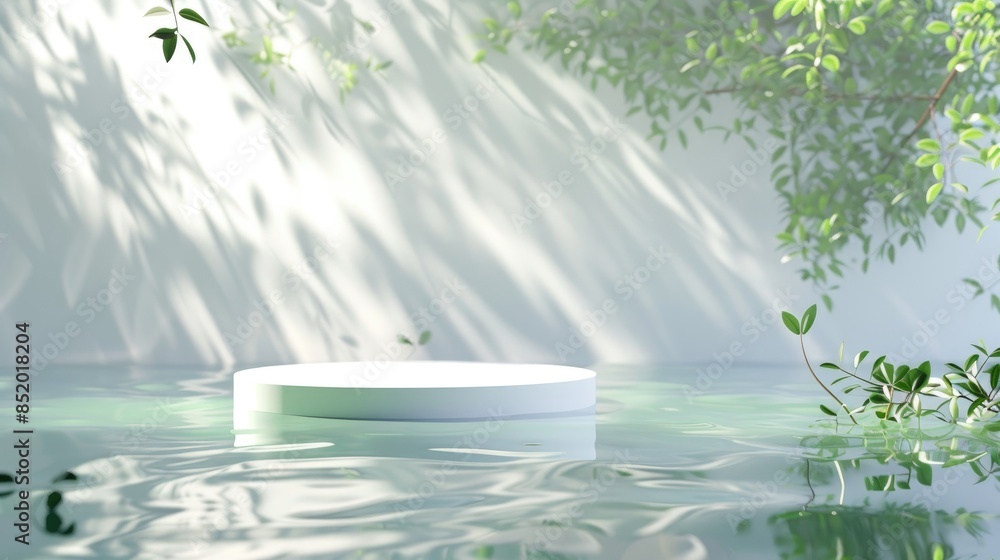 Poster abstract nature background with white circular podium on transparent water under sunlight ideal for 