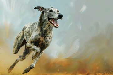 A Dutch Kooikerhond dog runs through a dusty field, tongue out and ears perked, with a joyful expression on its face