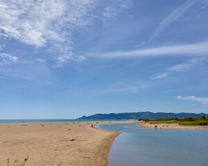 view to the La Gola del Ter, Platja de la Gola del Ter, beautiful beach, Mas Pinell and l’Estartit, Parc Natural del Montgrí, les Illes Medes i el Baix Ter, Girona, Pals, Begur, Catalonia, Costa Brava