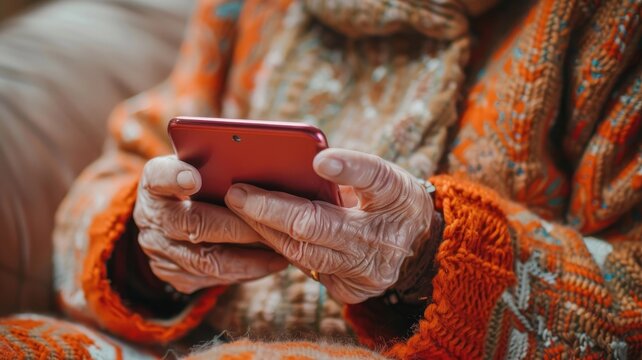 Elderly person with smartphone in cozy, knitted clothing