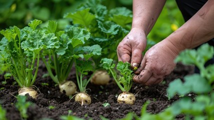 Person harvesting turnips in garden, with lush green leaves