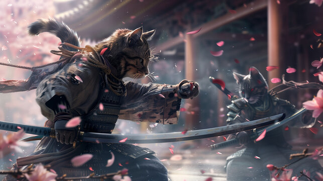 fierce cat samurai engaged in dramatic sword duel, intense battle with cherry blossom petals flying, epic confrontation