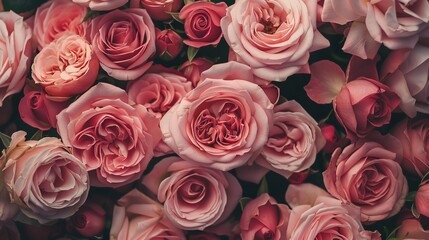 Realistic top view photo of assorted pink roses in a romantic floral arrangement