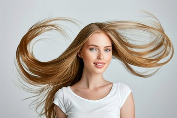 Fototapeta premium Captivating smile of long-haired blonde in portrait, exuding happiness, female beauty, attractive features.