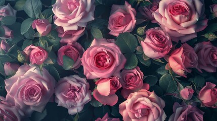 Top view of assorted pink roses with a realistic and romantic texture in a captivating photo