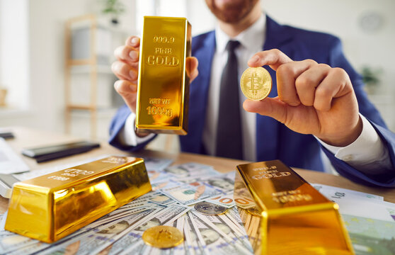 Rich man, the boss, sits at a table strewn with cash money, holding a gold bar and a bitcoin coin, symbolizing financial prowess and wealth in the cryptocurrency market or online trading.