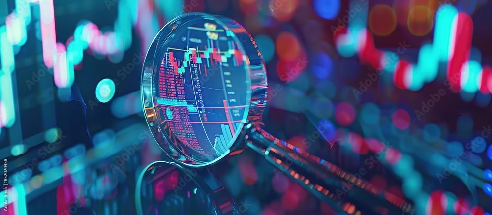 Poster a magnifying glass over an abstract digital stock market graph, with bokeh lights in the background.