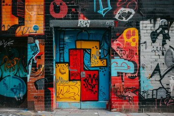 A Colorful Canvas of Urban Art on Brick Walls in a City Alleyway