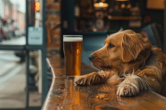 A dog rests its paw on the bar counter, gazing at a glass of beer, seemingly thirsty on a dog-friendly patio