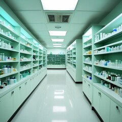 Fototapeta premium An empty pharmaceutical store with shelf containing medicines 