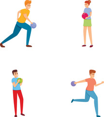 Bowling sport icons set cartoon vector. Bowling player prepare throw ball. Sport, leisure, hobby