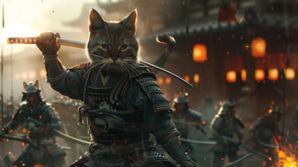Naklejka premium courageous cat samurai leading a charge into battle, intense and dynamic scene with sparks and lanterns