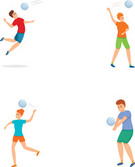 Volleyball game icons set cartoon vector. People playing volleyball together. Team sport game