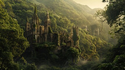 Obraz premium A castle is seen in the middle of a dense forest, with ivy and moss growing on it. The sky is bright and the sun is shining.