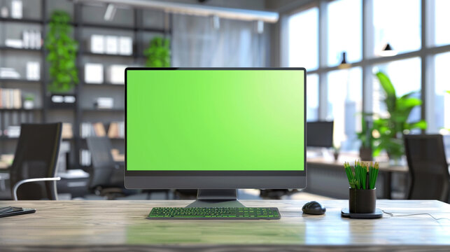 computer in office with green screen