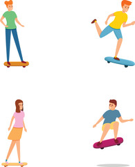 Skateboarding sport icons set cartoon vector. Guy and girl riding skateboard. Extreme sport, youth urban culture
