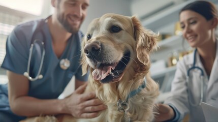 A dog sits and smiles while two veterinarians pet and examine it in a veterinary clinic.