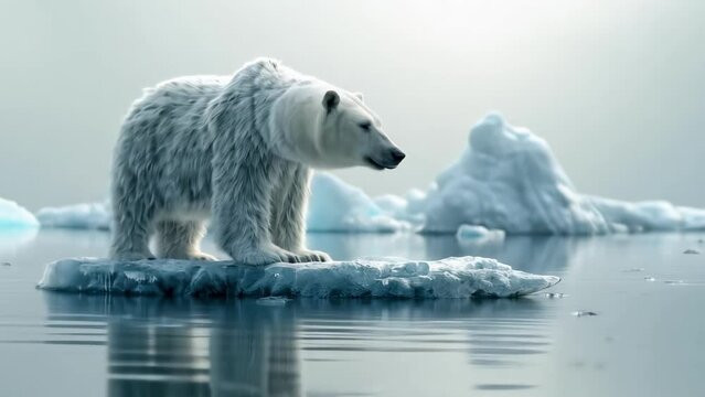 A polar bear gestures nervously on melting ice.