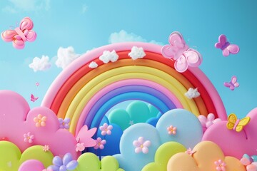 A Rainbow Dreamscape With Playful Butterflies and Fluffy Clouds