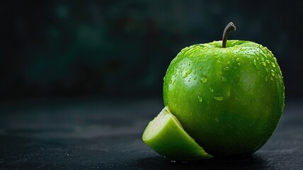 Fresh green apple with slice on dark background
