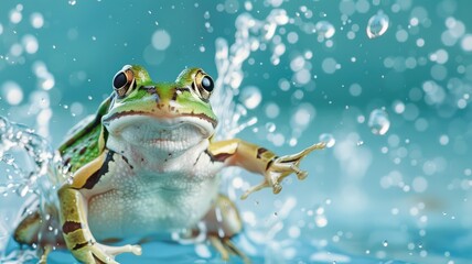 Green and brown frog splashes water in vivid blue pond