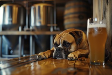 A brown dog rests its head on a bar, looking longingly at a glass of beer, at a dog-friendly brewery