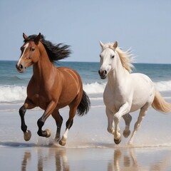 Naklejka premium two horses running on the beach