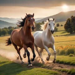 Obraz premium beautiful horses running across a green field.