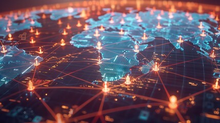 World map with global connection technology represented by glowing lines and icons of people, illustrating a network of communication and data exchange across continents. Generative AI